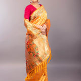 Yellow Paithani Silk Saree with Gold Zari Floral Jaal Work - Anvi Couture