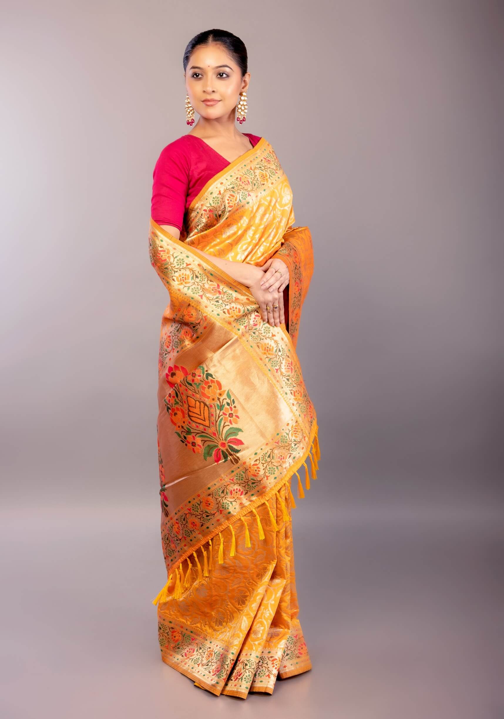Yellow Paithani Silk Saree with Gold Zari Floral Jaal Work - Anvi Couture