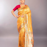 Yellow Paithani Silk Saree with Gold Zari Floral Jaal Work - Anvi Couture