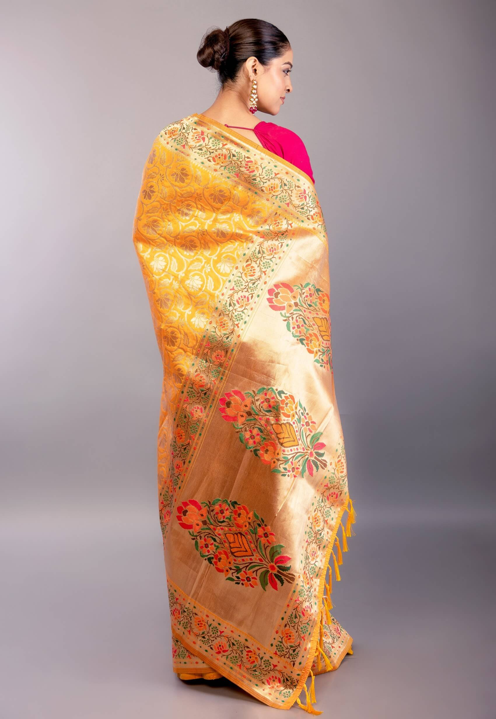 Yellow Paithani Silk Saree with Gold Zari Floral Jaal Work - Anvi Couture