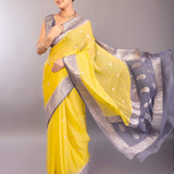 Yellow Khaddi Georgette Banarasi Saree with Contrasting Gray Zari Border - Anvi Couture