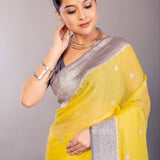 Yellow Khaddi Georgette Banarasi Saree with Contrasting Gray Zari Border - Anvi Couture
