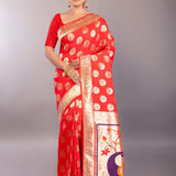 Bright Red Paithani Silk Saree with Gold Zari Work and Peacock Motif - Anvi Couture
