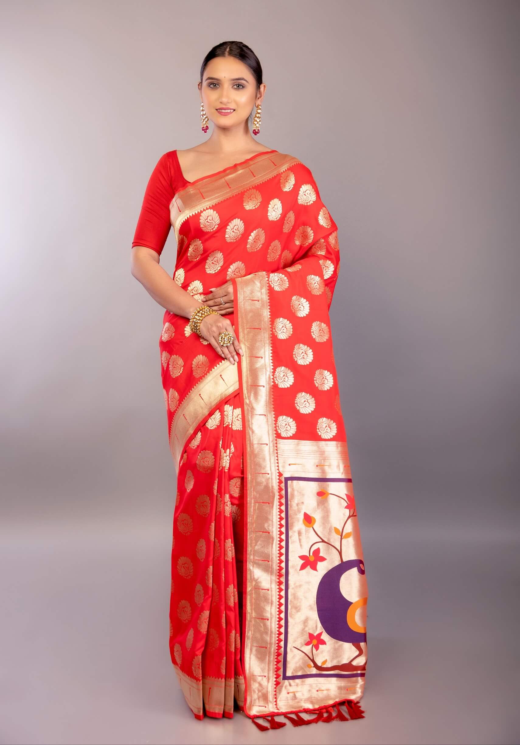 Bright Red Paithani Silk Saree with Gold Zari Work and Peacock Motif - Anvi Couture