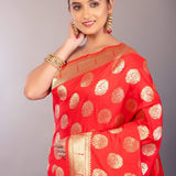 Bright Red Paithani Silk Saree with Gold Zari Work and Peacock Motif - Anvi Couture