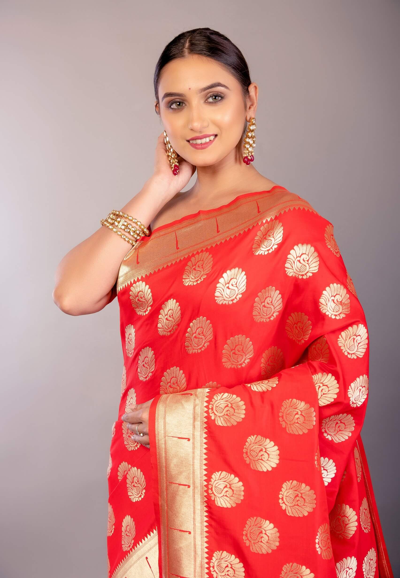 Bright Red Paithani Silk Saree with Gold Zari Work and Peacock Motif - Anvi Couture
