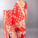 Bright Red Paithani Silk Saree with Gold Zari Work and Peacock Motif - Anvi Couture