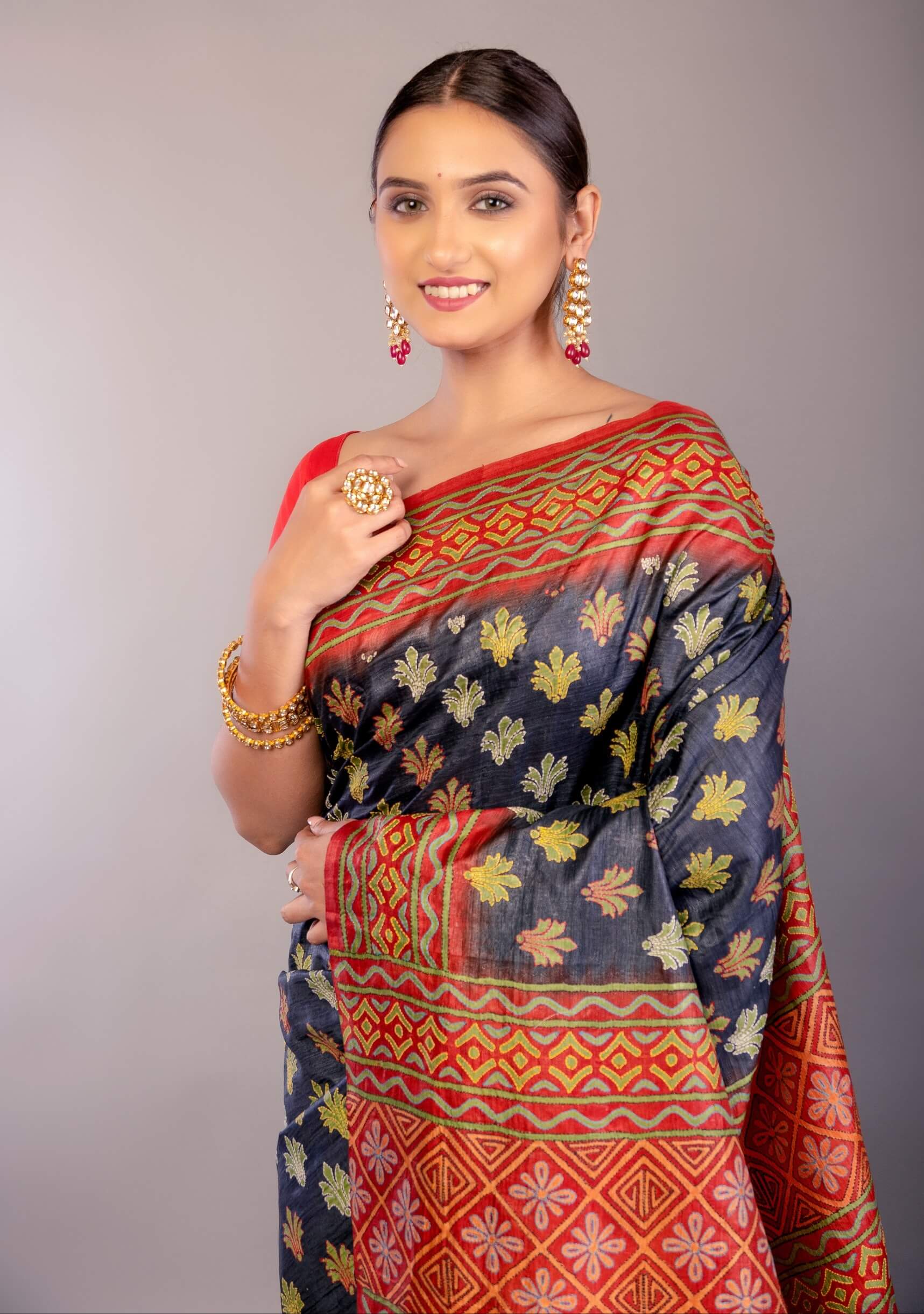 Black and Red Katha Stitch Pure Silk Saree - Anvi Couture