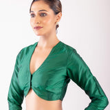 Elegant Green Full Sleeve Blouse with Deep V - Neckline and Front Closure - Anvi Couture