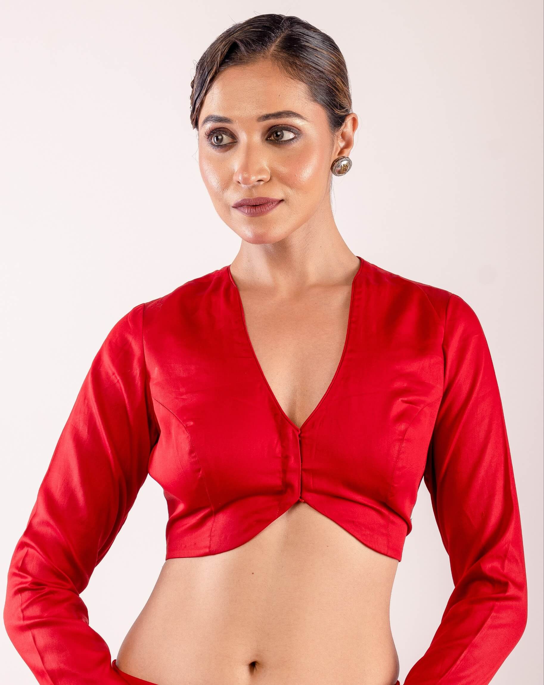 Red Full Sleeve Blouse in Cotton Silk with Plunging V Neckline - Anvi Couture
