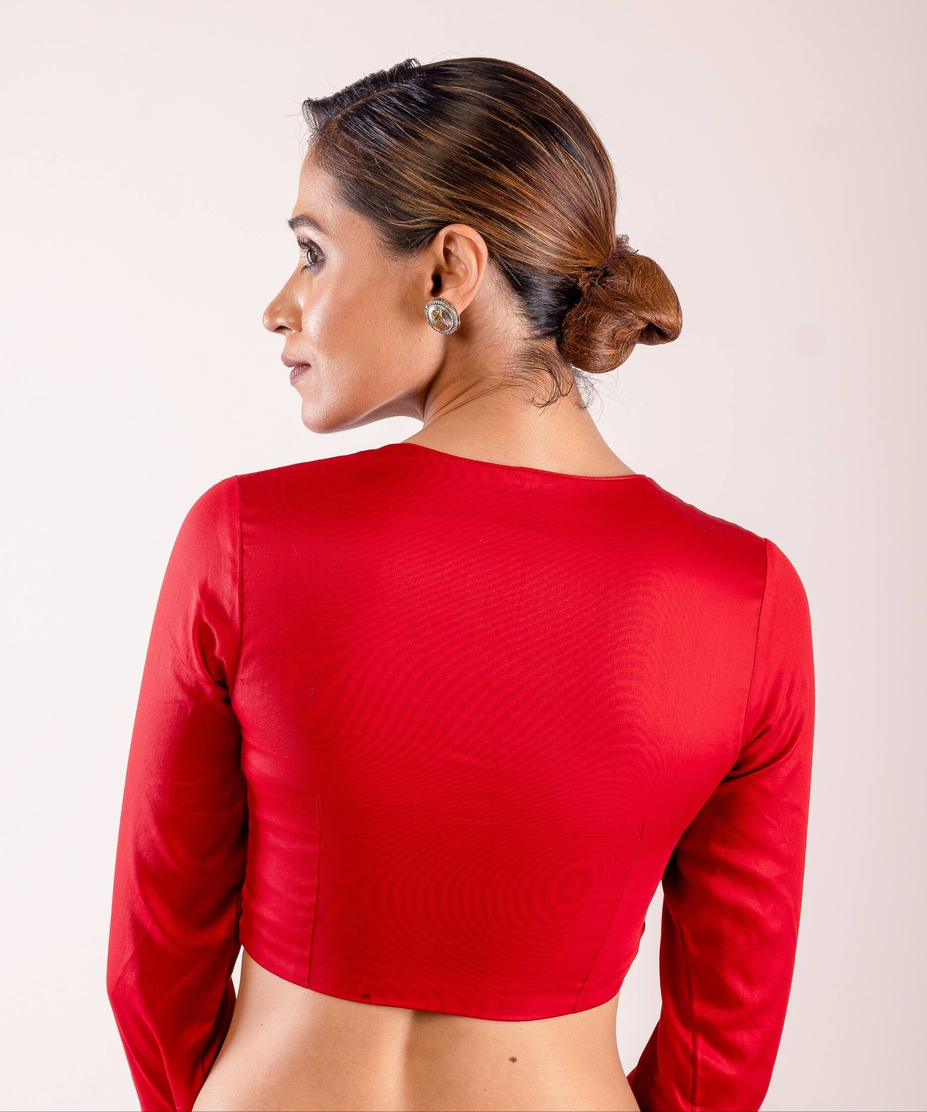 Red Full Sleeve Blouse in Cotton Silk with Plunging V Neckline - Anvi Couture