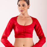 Red Cotton Silk Blouse with Full Sleeves and Round Neckline - Anvi Couture