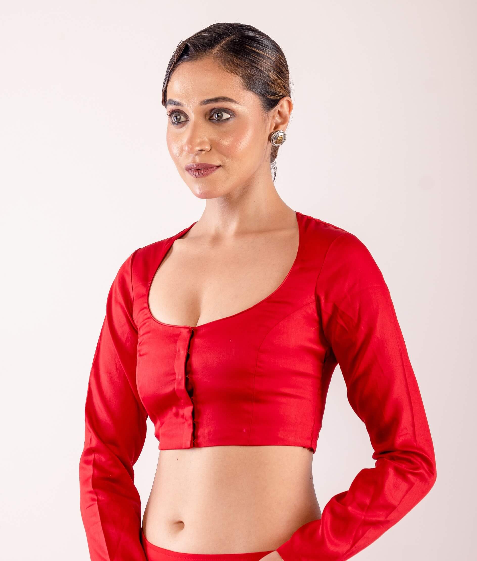 Red Cotton Silk Blouse with Full Sleeves and Round Neckline - Anvi Couture