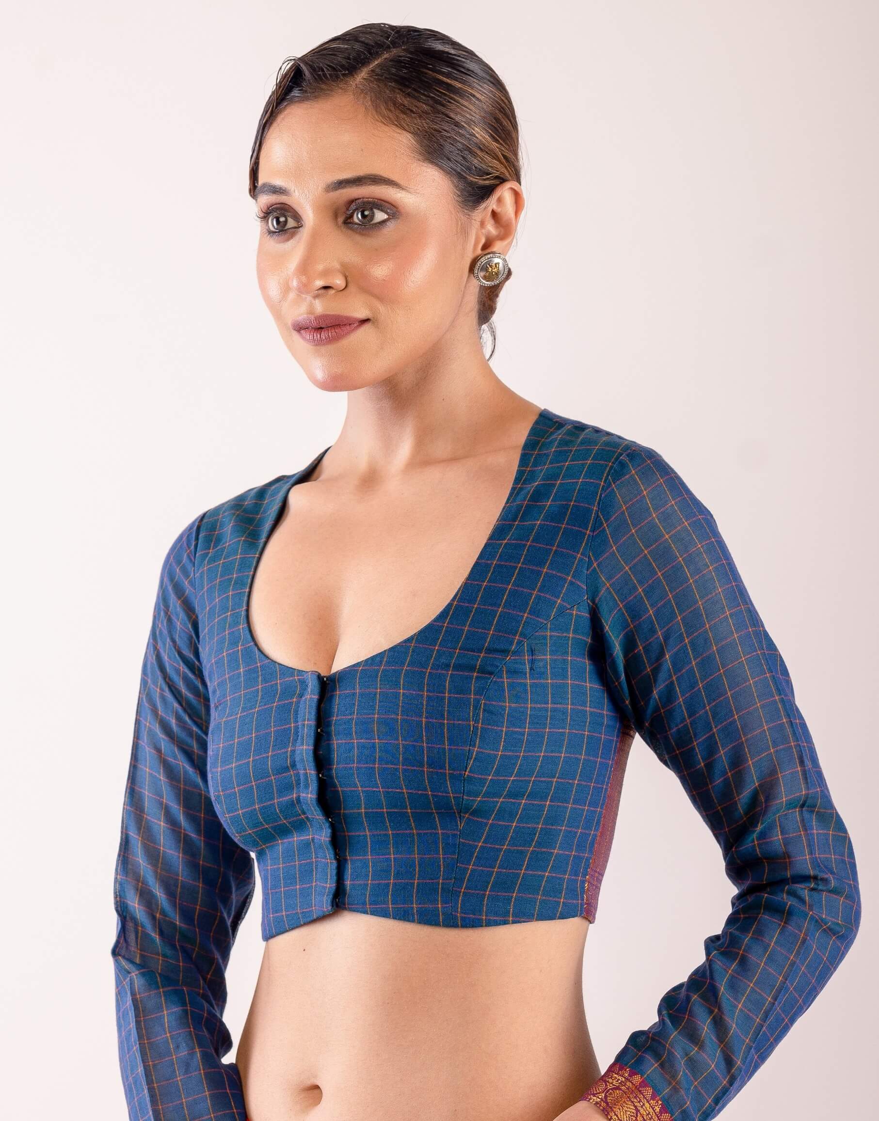 Blue South Indian Style Full Sleeve Blouse with Check Detail and Back Zari Panel - Anvi Couture