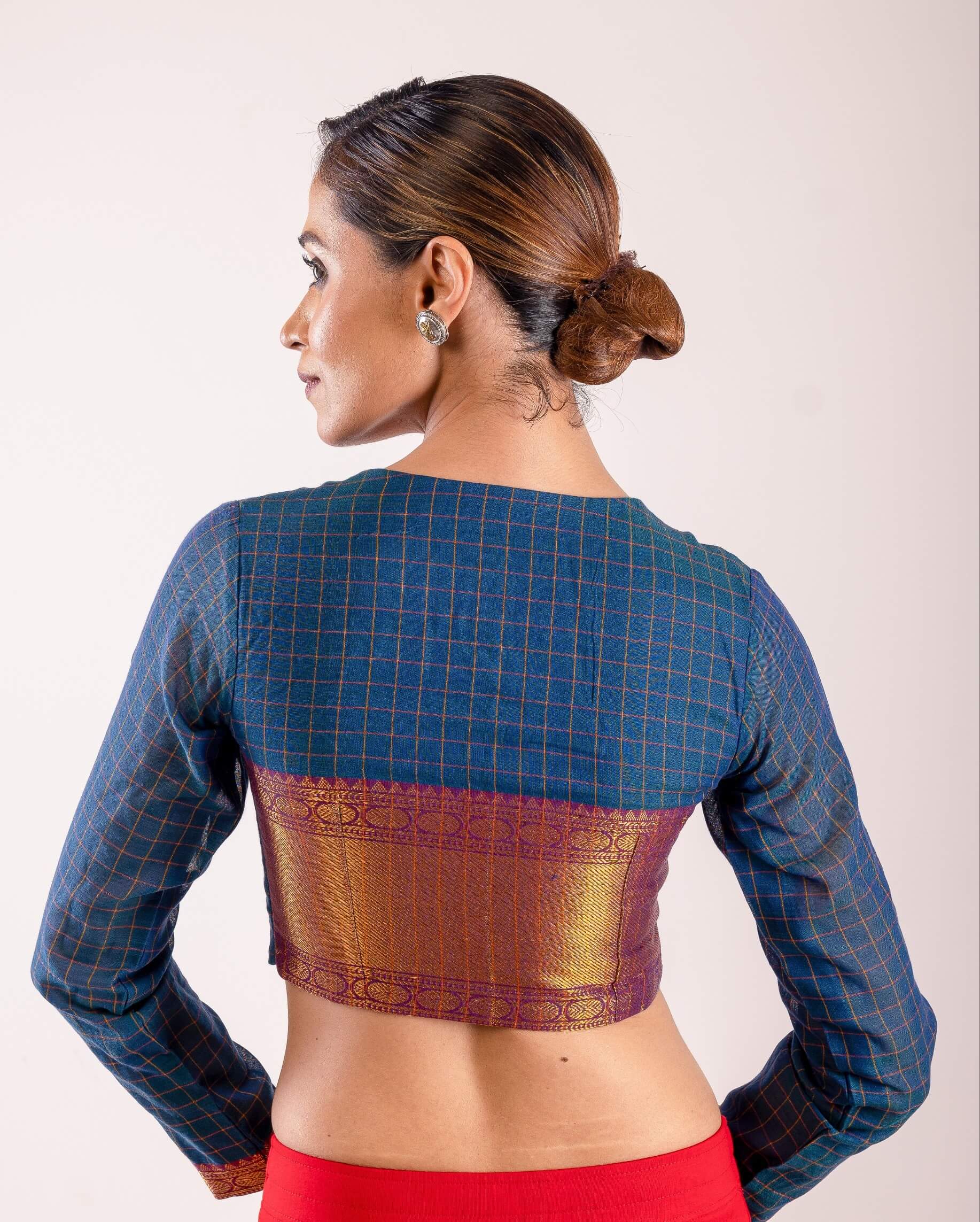 Blue South Indian Style Full Sleeve Blouse with Check Detail and Back Zari Panel - Anvi Couture
