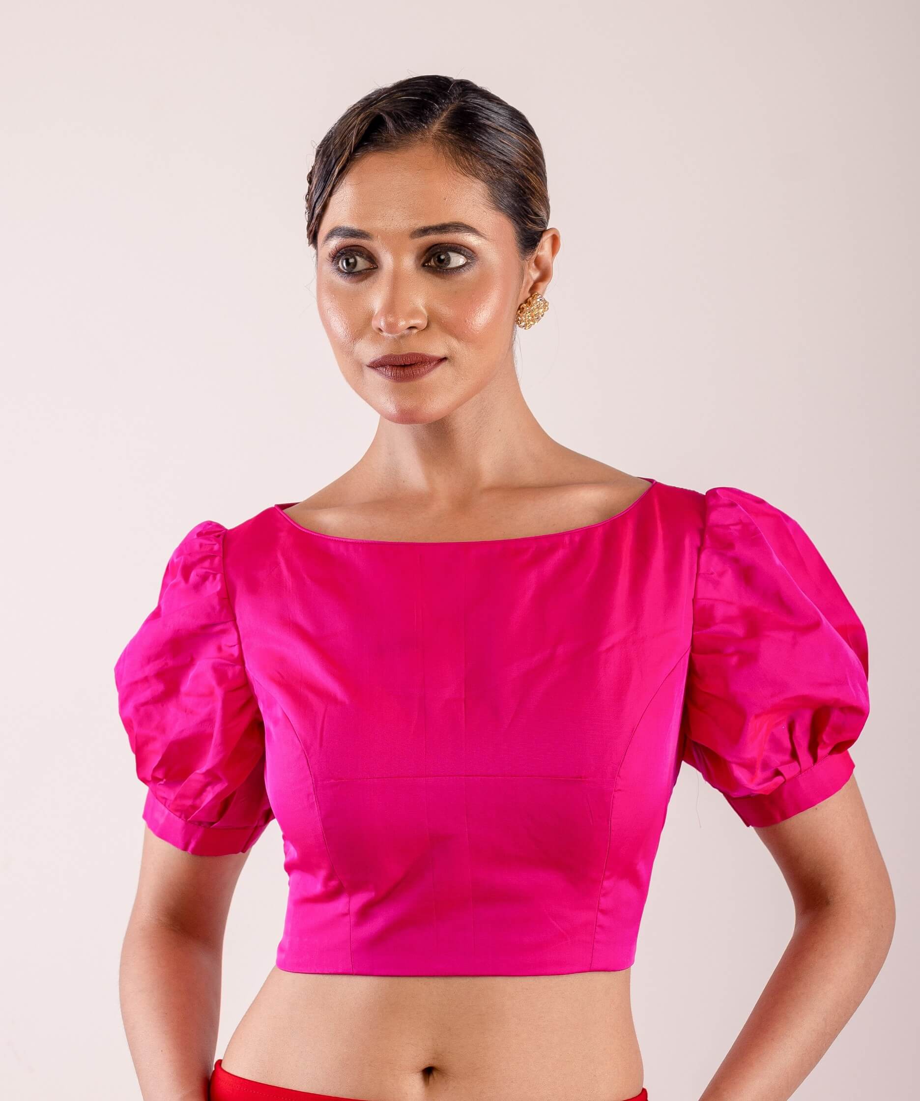 Bright Pink Puff Sleeve Saree Silk Blouse with Boat Neckline - Anvi Couture