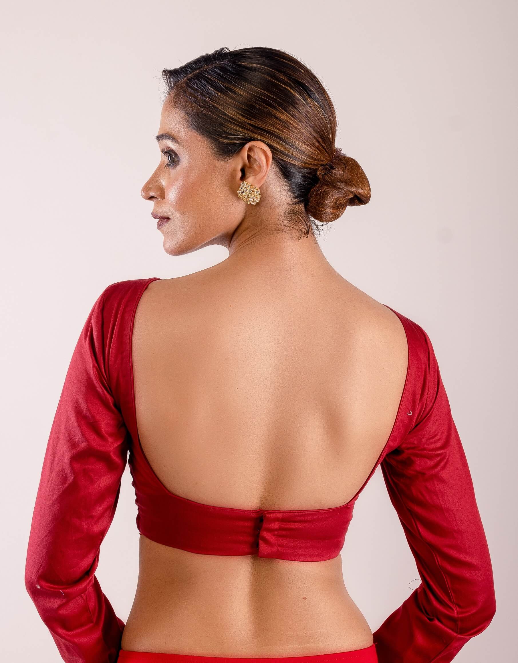 Maroon Full Sleeve Cotton Silk Blouse with Front Panel Insert - Anvi Couture