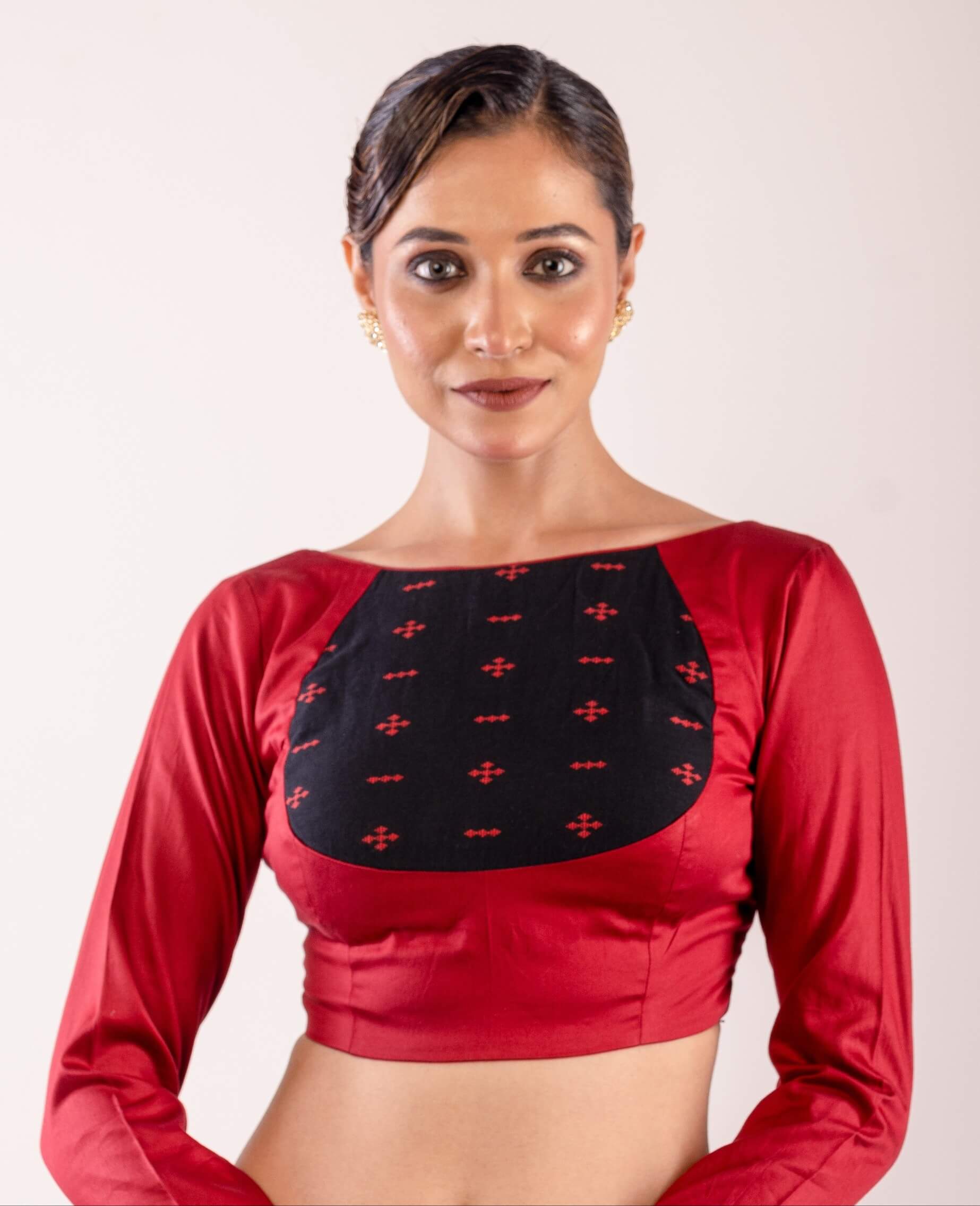 Maroon Full Sleeve Cotton Silk Blouse with Front Panel Insert - Anvi Couture