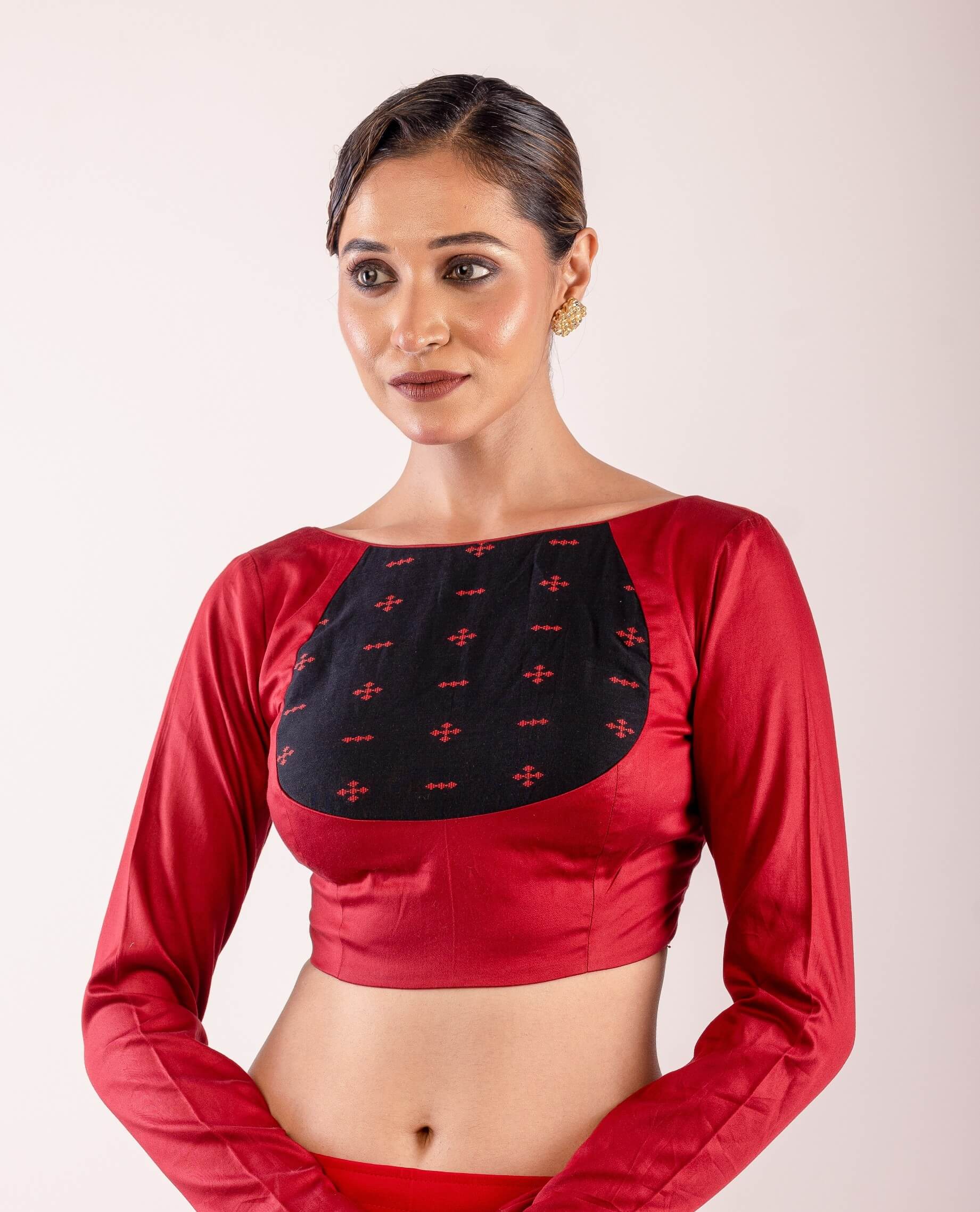 Maroon Full Sleeve Cotton Silk Blouse with Front Panel Insert - Anvi Couture