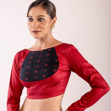 Maroon Full Sleeve Cotton Silk Blouse with Front Panel Insert - Anvi Couture