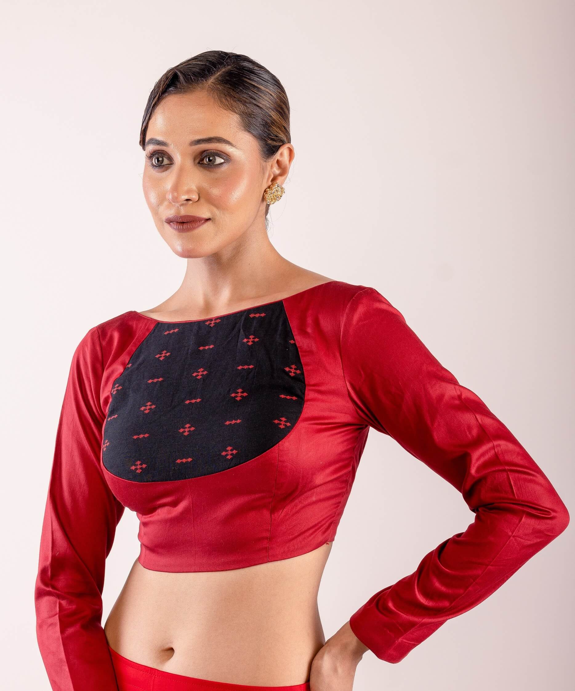 Maroon Full Sleeve Cotton Silk Blouse with Front Panel Insert - Anvi Couture