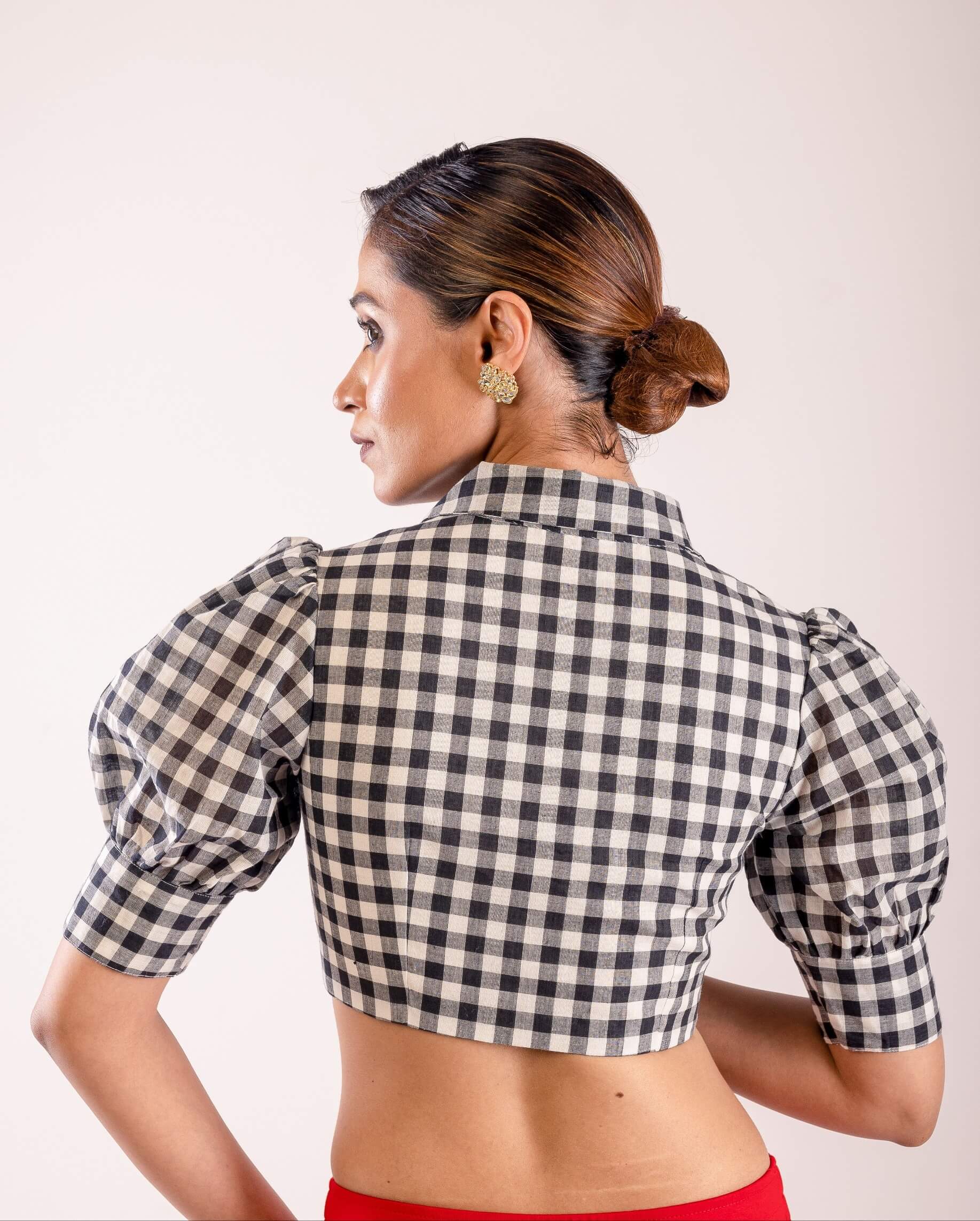 Black and White Checked Puff Sleeve Blouse with V - Neck Collar - Anvi Couture