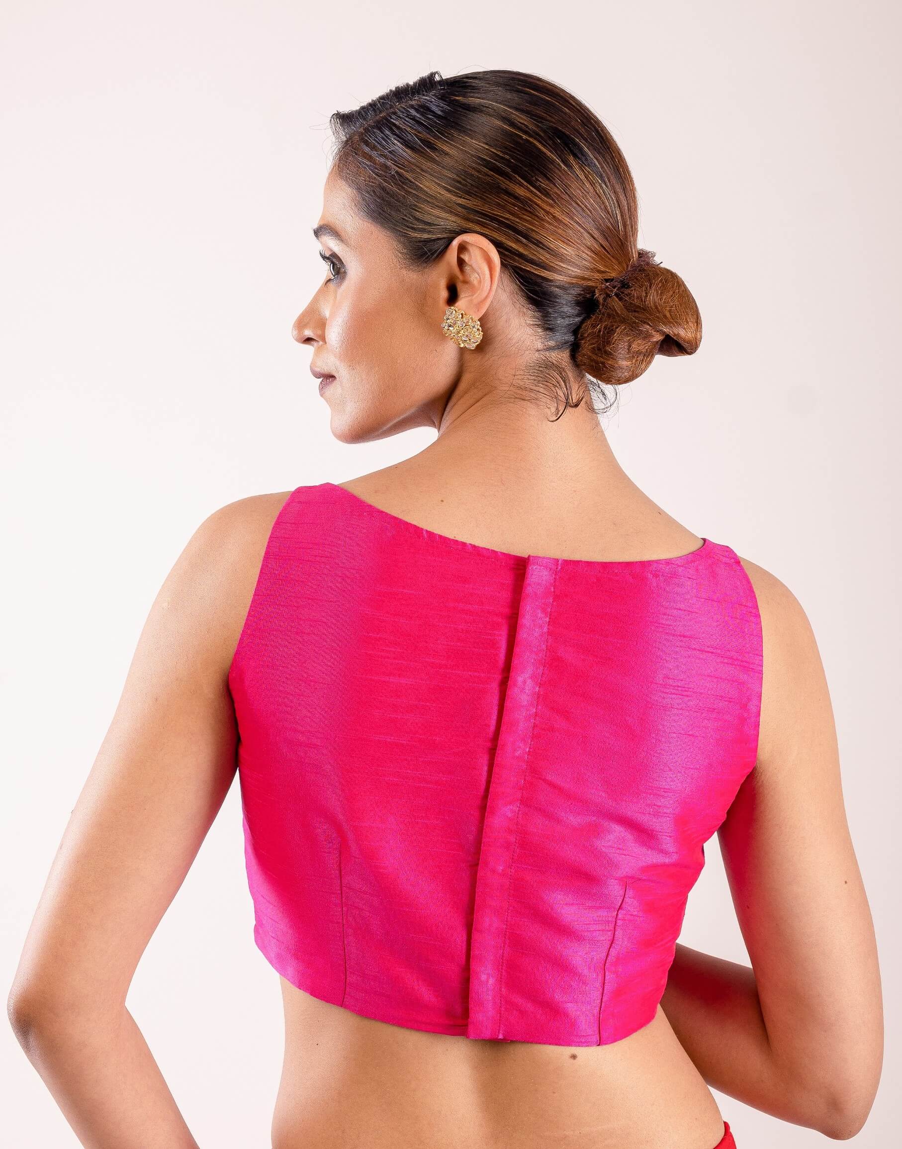 Pink Sleeveless Blouse with Boat Neckline and Silver Stripe Detailing - Anvi Couture