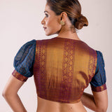 Navy Blue Cotton Blouse with Puff Sleeves and Back Panel Insert - Anvi Couture