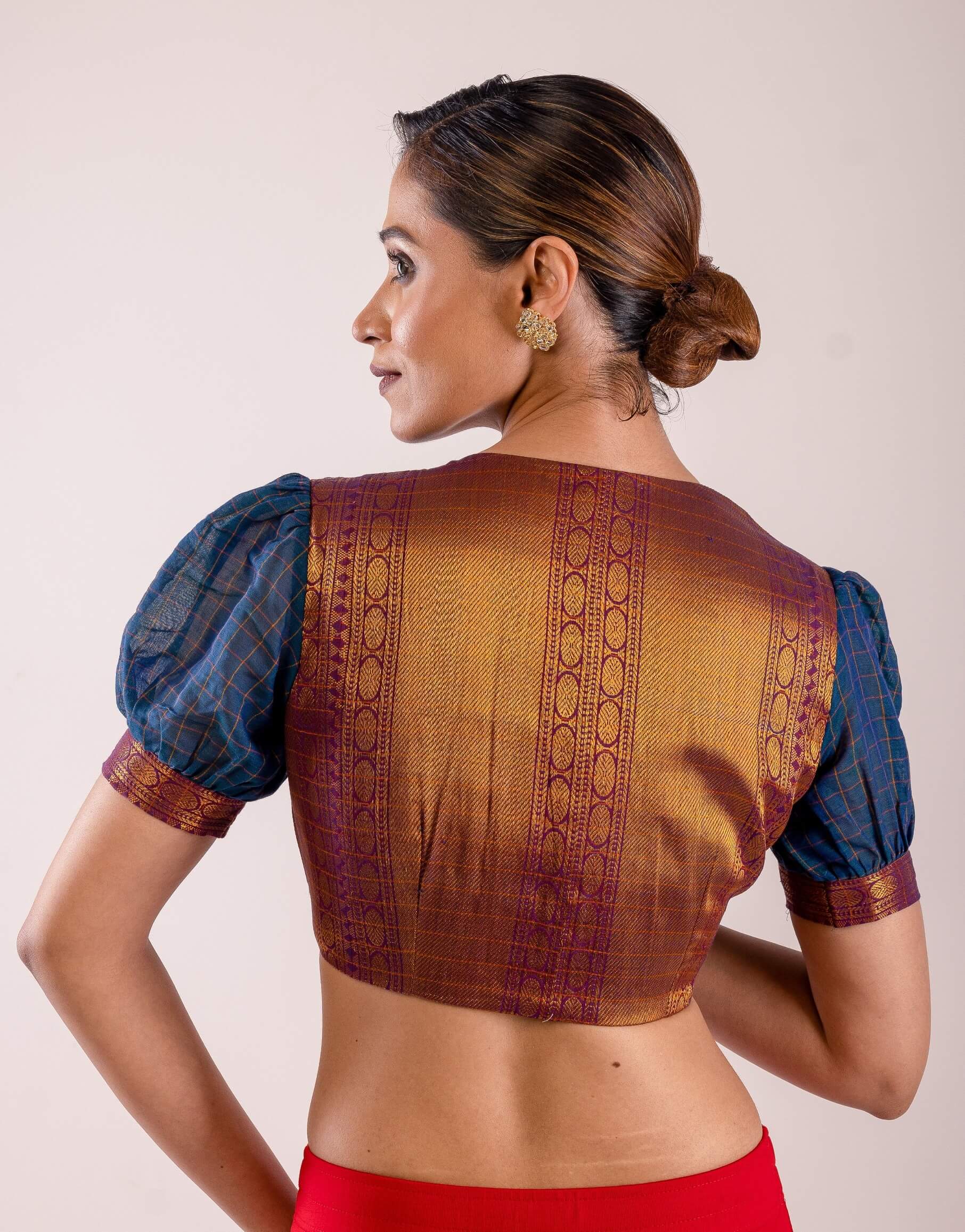 Navy Blue Cotton Blouse with Puff Sleeves and Back Panel Insert - Anvi Couture