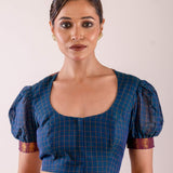 Navy Blue Cotton Blouse with Puff Sleeves and Back Panel Insert - Anvi Couture