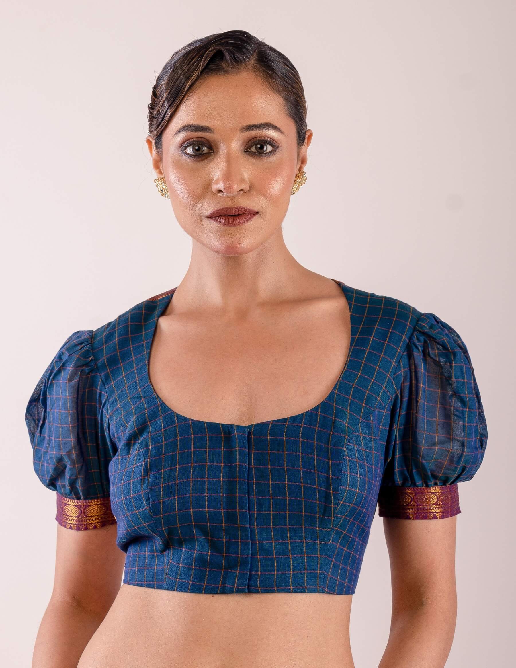 Navy Blue Cotton Blouse with Puff Sleeves and Back Panel Insert - Anvi Couture