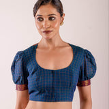 Navy Blue Cotton Blouse with Puff Sleeves and Back Panel Insert - Anvi Couture