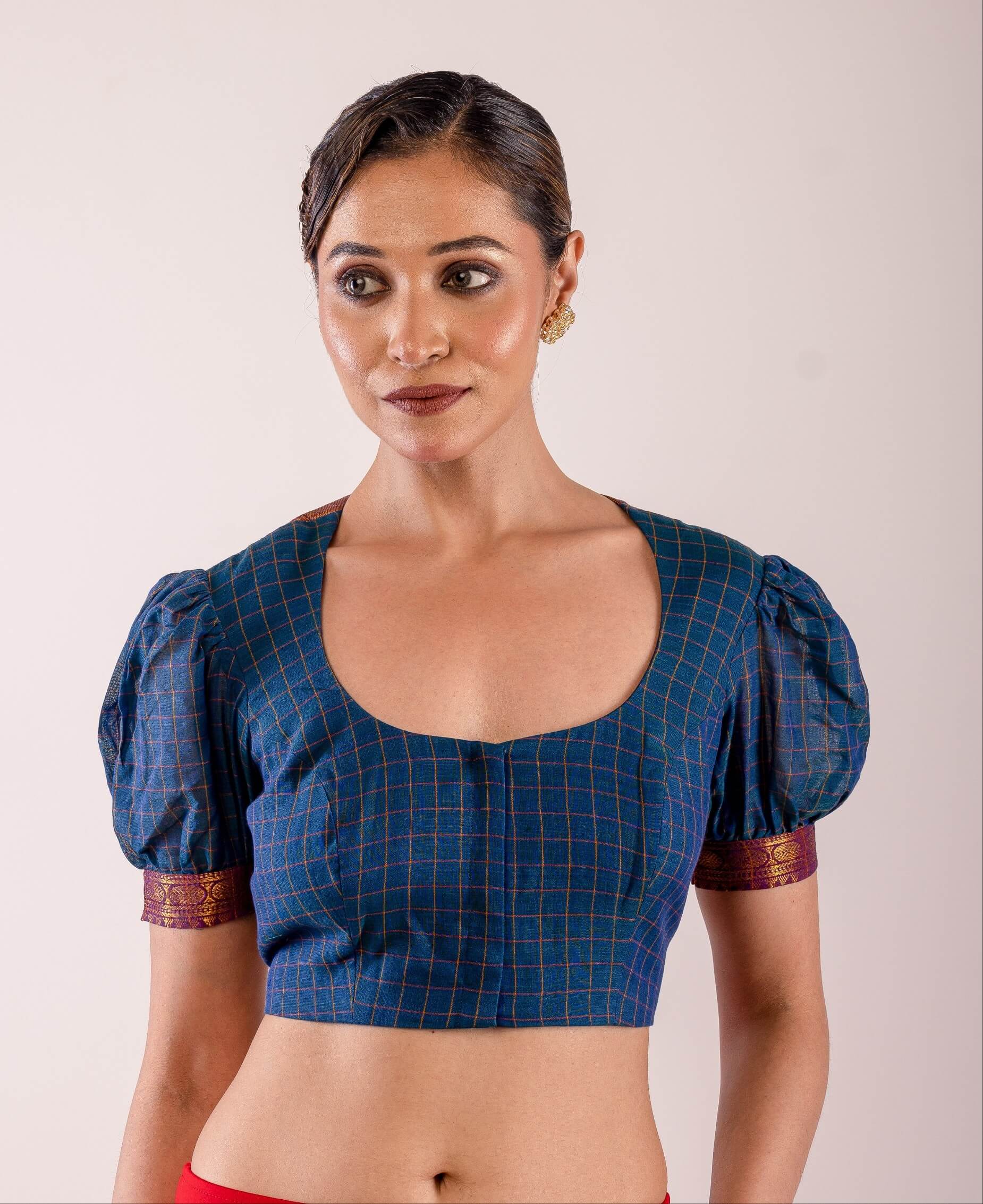 Navy Blue Cotton Blouse with Puff Sleeves and Back Panel Insert - Anvi Couture