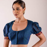 Navy Blue Cotton Blouse with Puff Sleeves and Back Panel Insert - Anvi Couture