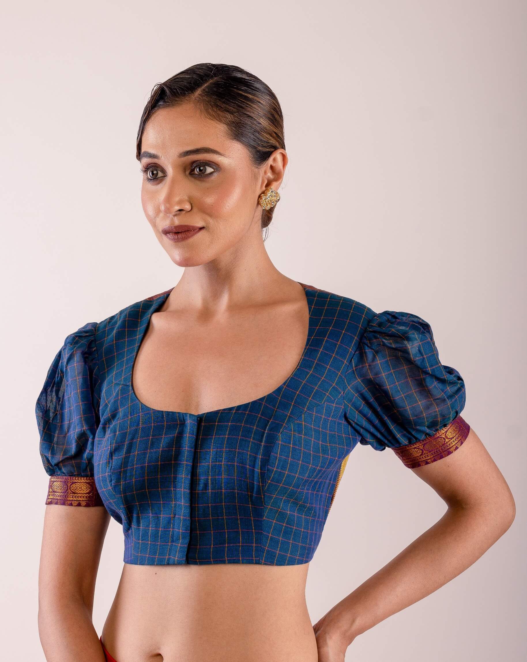 Navy Blue Cotton Blouse with Puff Sleeves and Back Panel Insert - Anvi Couture