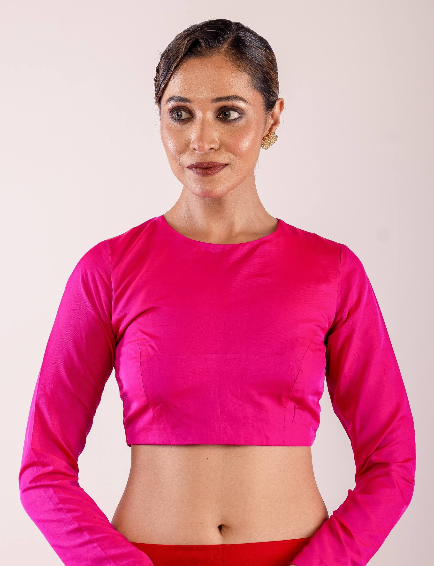 Woman Wearing a Rani Pink Full Sleeve Formal Blouse with High Neck- Elegant Workwear Essential for Women: Anvi Couture - Image 2