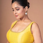 Yellow Raw Silk Cut dana Embroidered U Neck Sleeveless Blouse - Anvi Couture