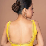 Yellow Raw Silk Cut dana Embroidered U Neck Sleeveless Blouse - Anvi Couture