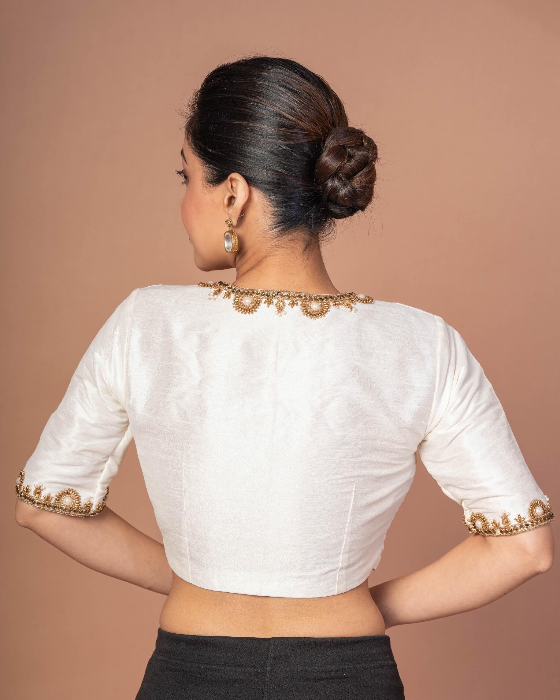 White Raw Silk Aari work Embroidered Blouse with Square Neckline - Anvi Couture