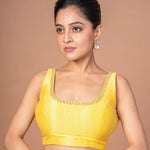 Yellow Raw Silk Cut dana Embroidered U Neck Sleeveless Blouse - Anvi Couture