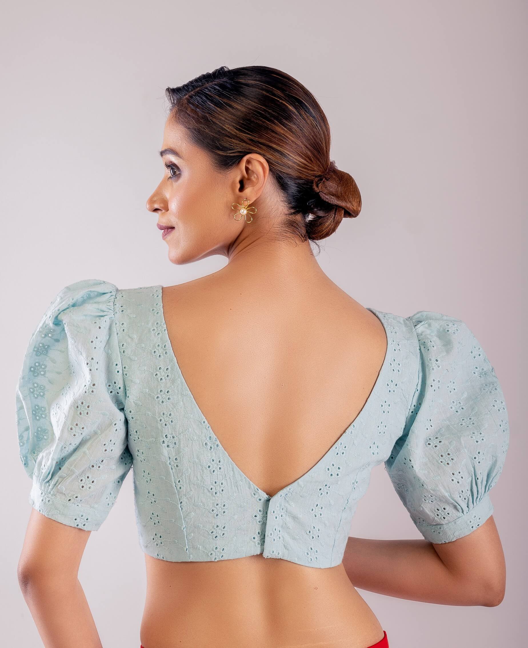 Light Blue Hakoba Blouse with Puff Sleeves - Anvi Couture