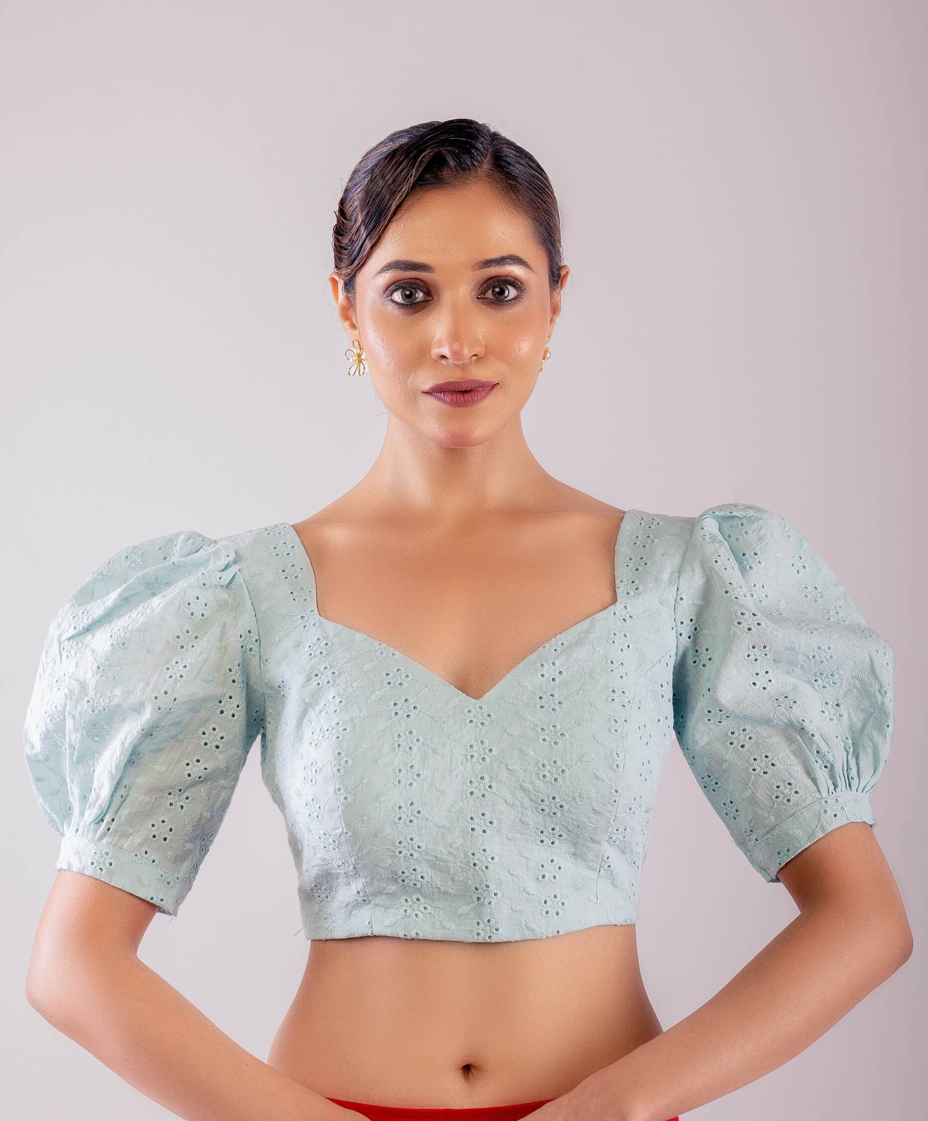 Light Blue Hakoba Blouse with Puff Sleeves - Anvi Couture