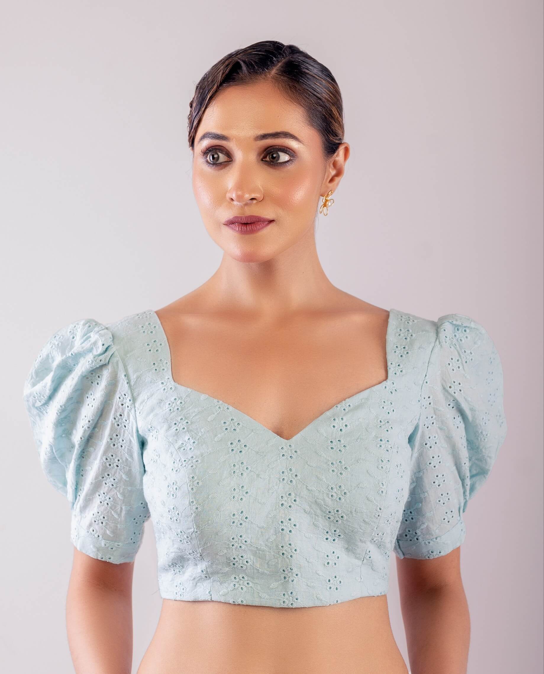 Light Blue Hakoba Blouse with Puff Sleeves - Anvi Couture
