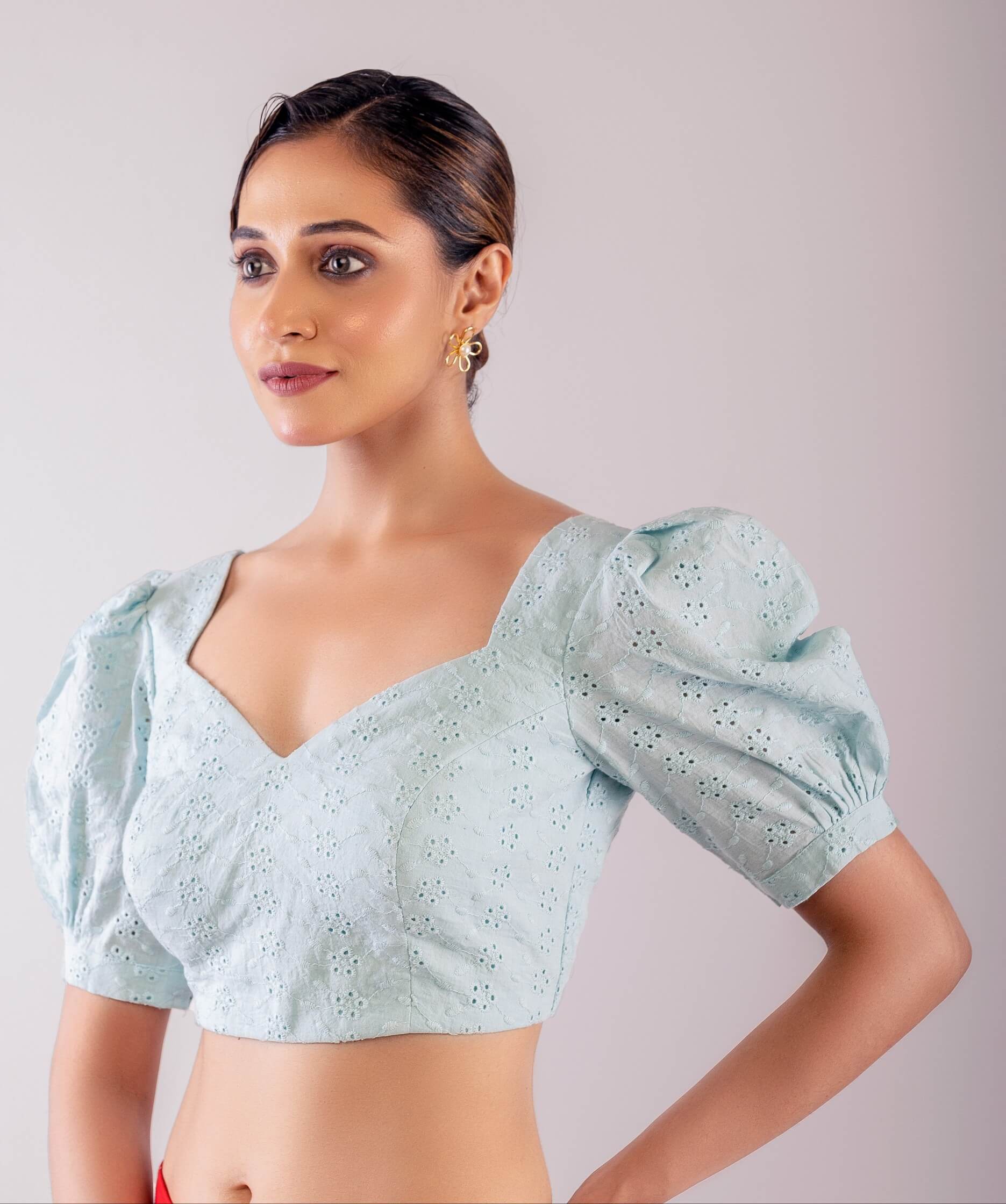 Light Blue Hakoba Blouse with Puff Sleeves - Anvi Couture