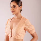 Peach Curve V Neckline Hakoba Blouse with Puff Sleeves - Anvi Couture