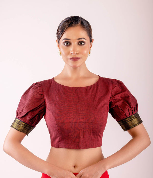 Maroon Boat Neck Traditional Silk Blouse with Puff Sleeves & Stylish Back - Anvi Couture
