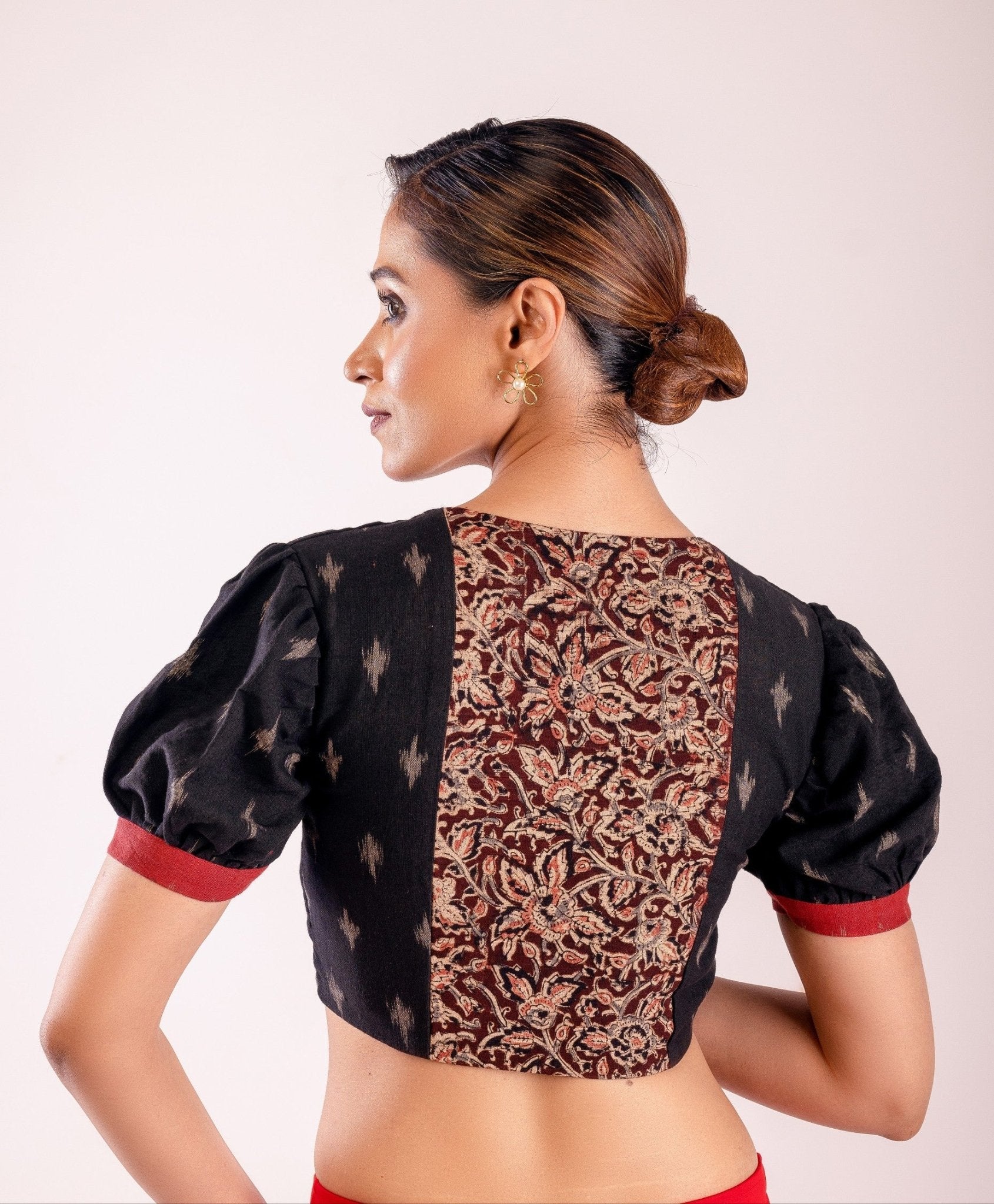 Black Kalamkari Designer Puff Sleeve Blouse - Anvi Couture