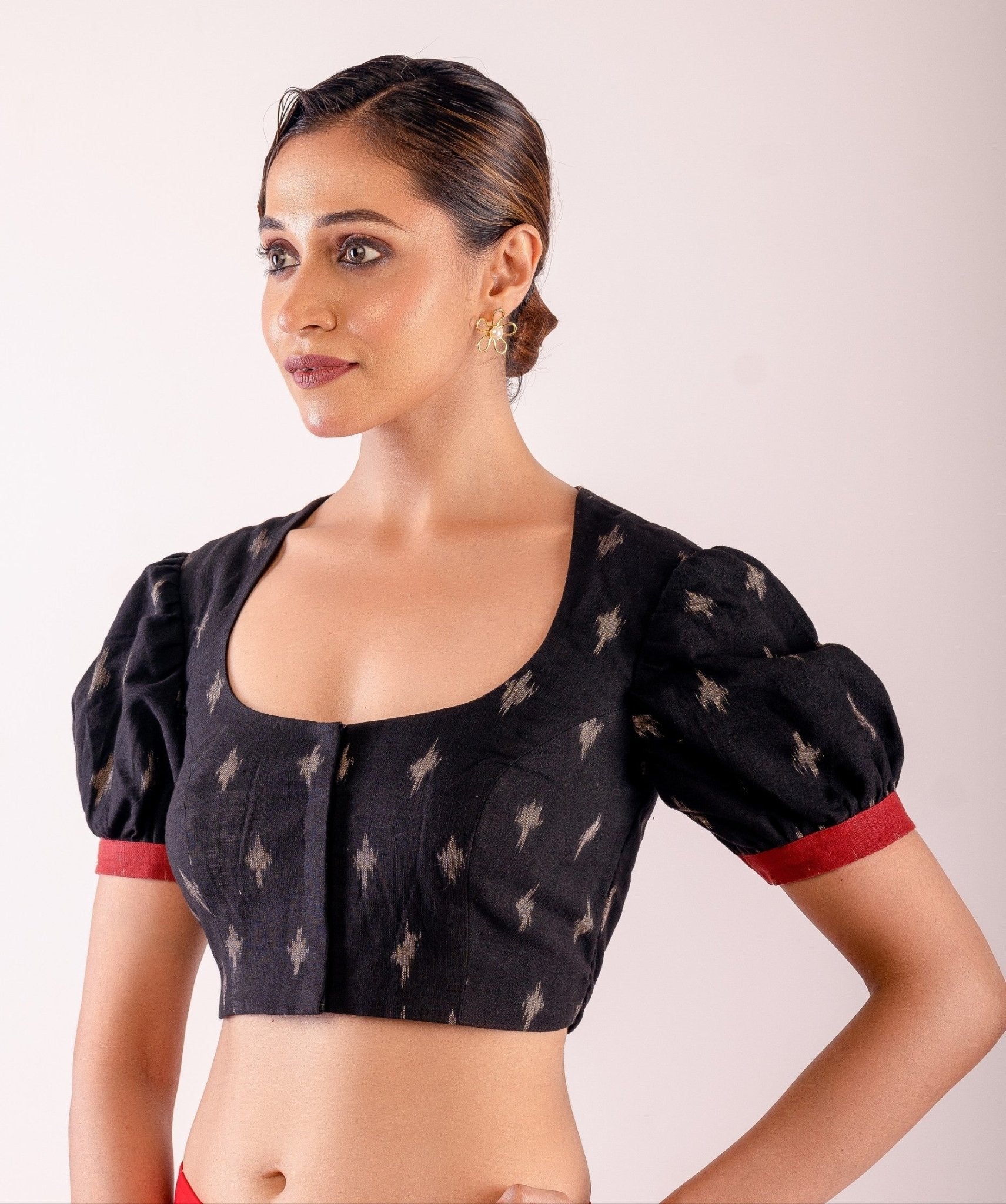 Black Kalamkari Designer Puff Sleeve Blouse - Anvi Couture