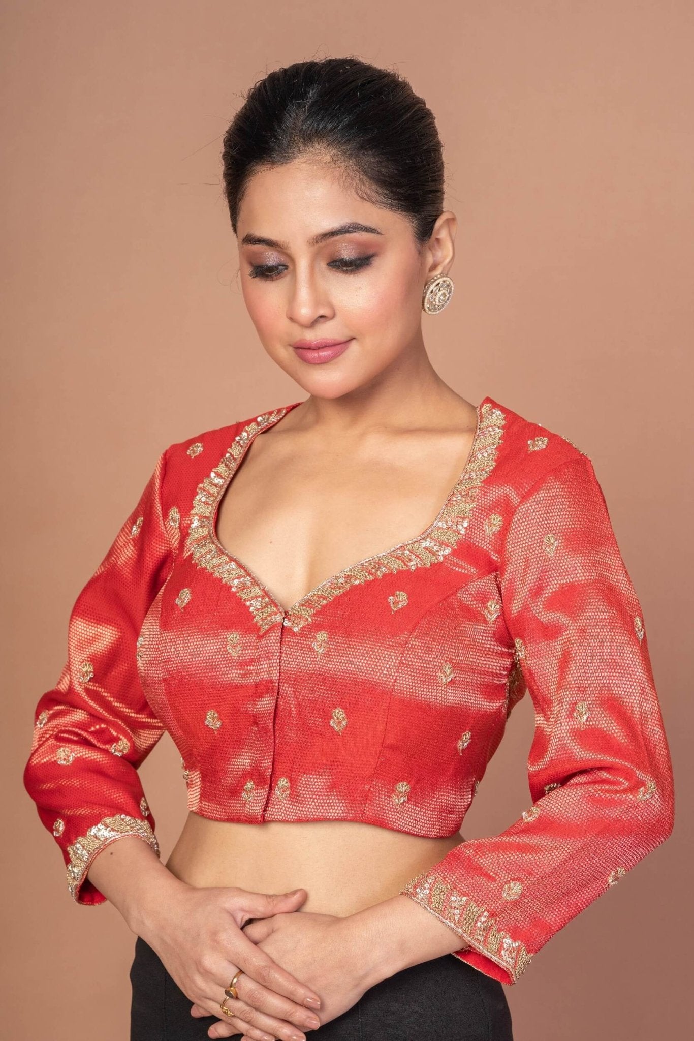 Woman Wearing a Red Tissue Silk Blouse with Hand Embroidered Work: Anvi Couture - Image 2