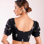 Black and White Puff Sleeve Cotton Blouse with Fish Motif Design - Anvi Couture